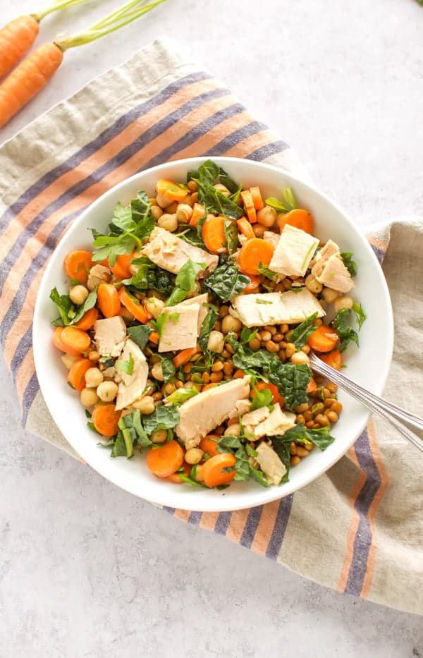 Lentil Salad with Tuna in a white bowl