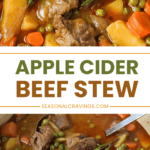 Apple cider beef stew with carrots, potatoes, and peas, garnished with a sprig of rosemary.