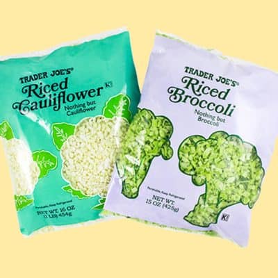 riced cauliflower and broccoli read made from trader joe's