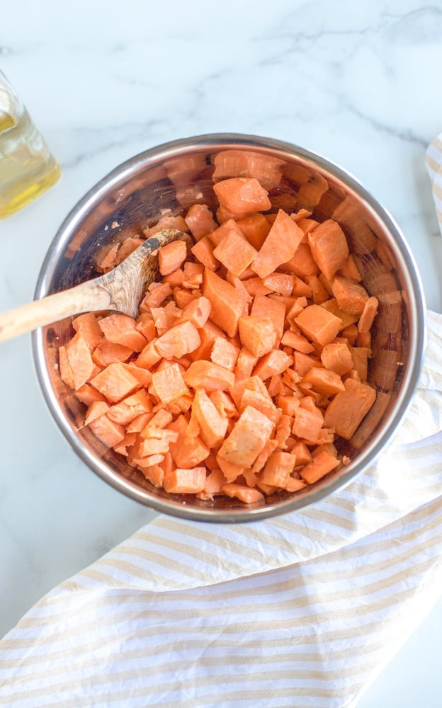 sweet potatoes diced in a bowl