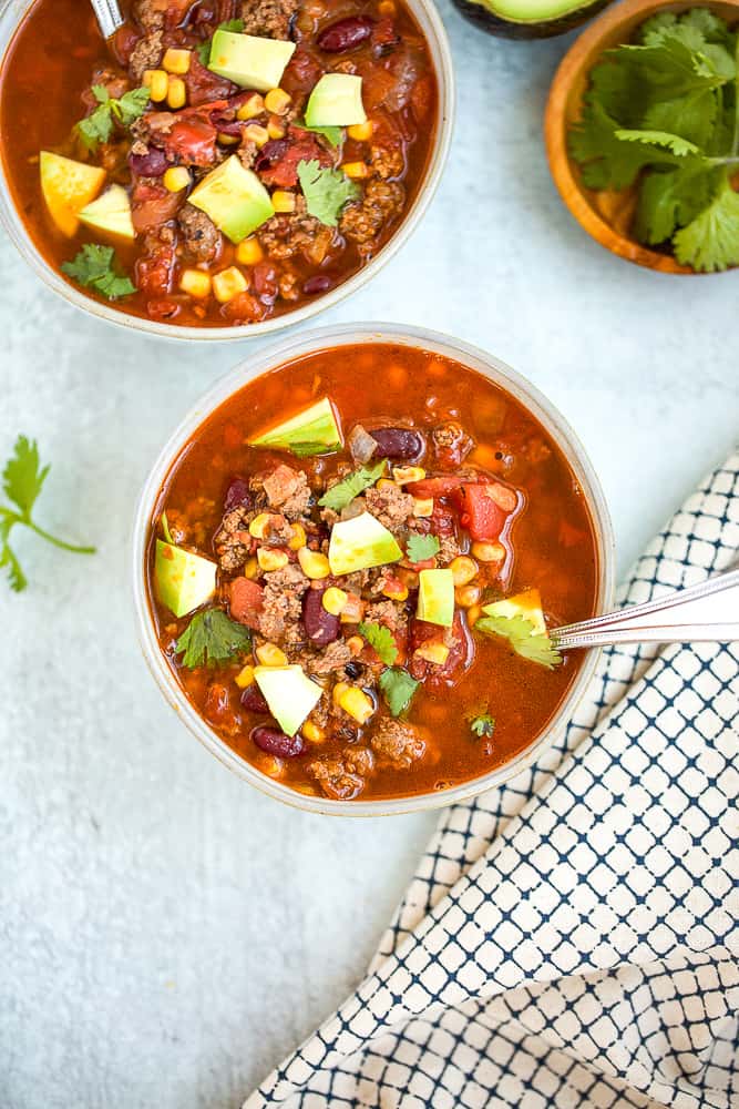 instant pot taco soup recipe in two bowls