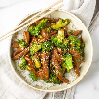 beef and broccoli in a bowl