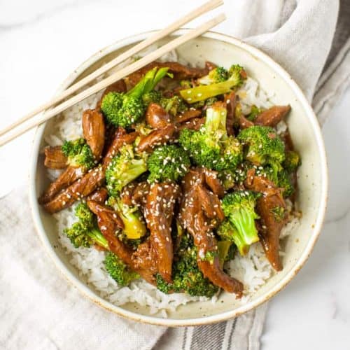 beef and broccoli in a bowl