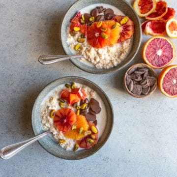 Two bowls of Blood Orange and Chocolate Oatmeal.