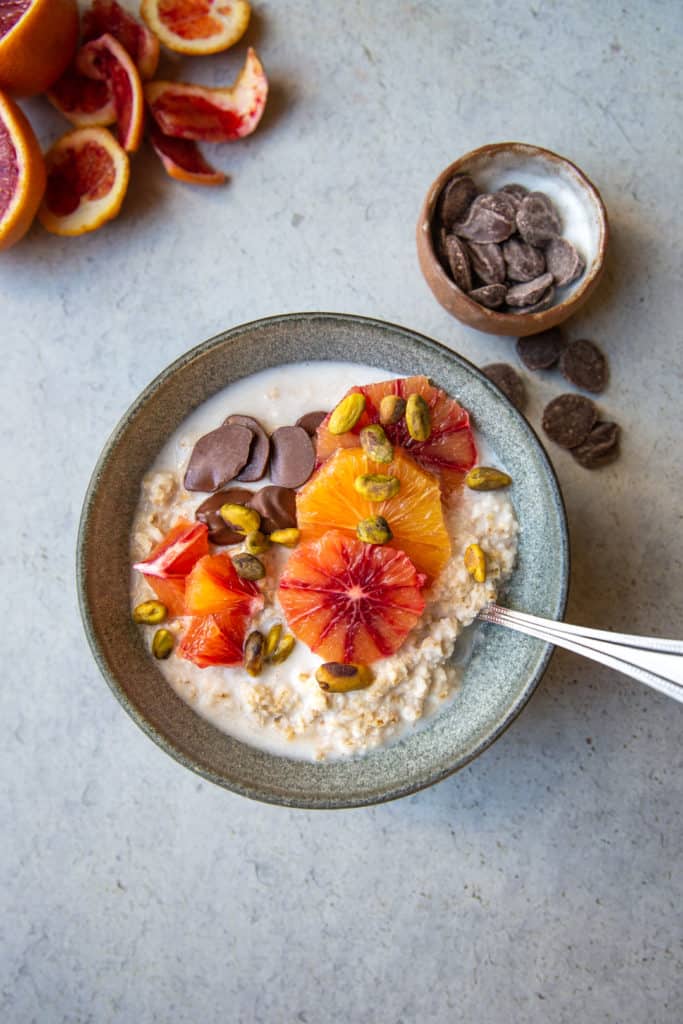 blood orange and chocolate oatmeal with toppings