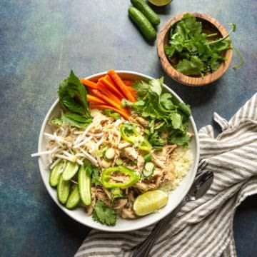 five spice chicken bowl with carrots and cucumbers