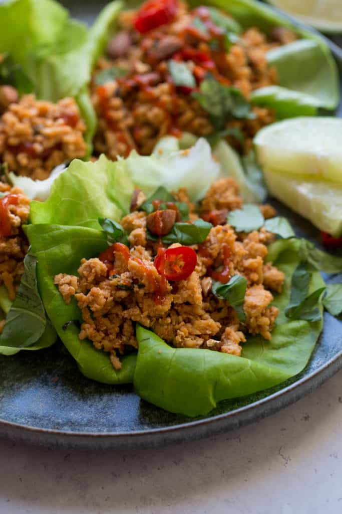 close up of chicken lettuce wraps with red peppers