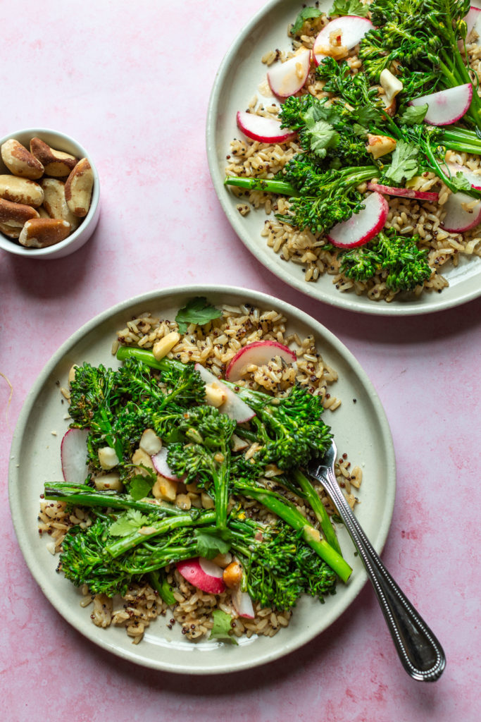 broccolini and quinoa salad with rice and tahini dressing