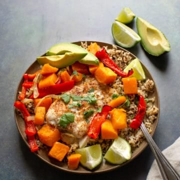 A plate with quinoa and avocado.