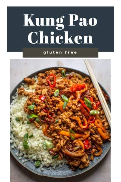 Gluten Free Kung Pao Chicken on a plate with rice and chopsticks.