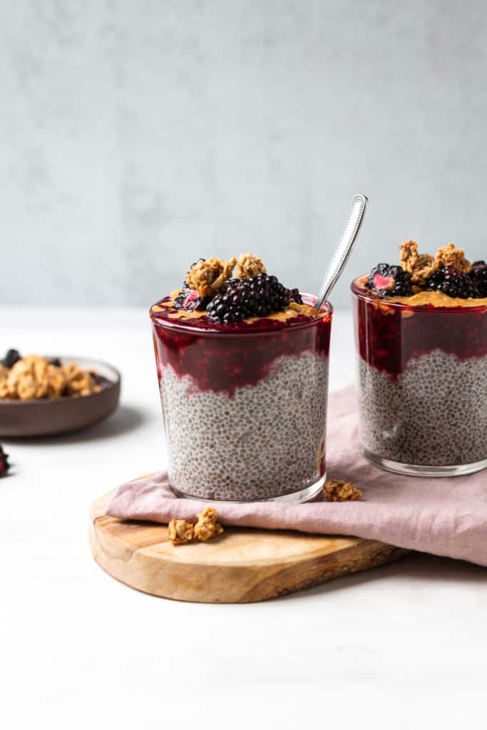 close up of one blackberry chia pudding