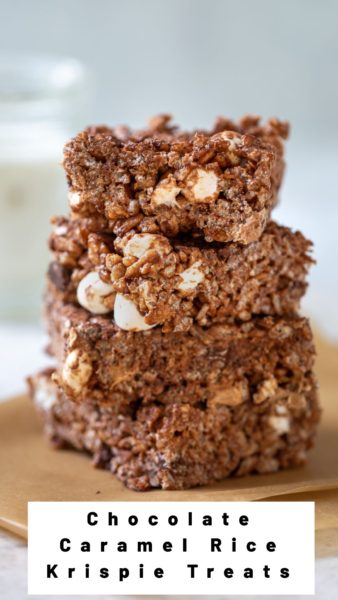 A delectable stack of Chocolate Caramel Rice Krispie Treats.