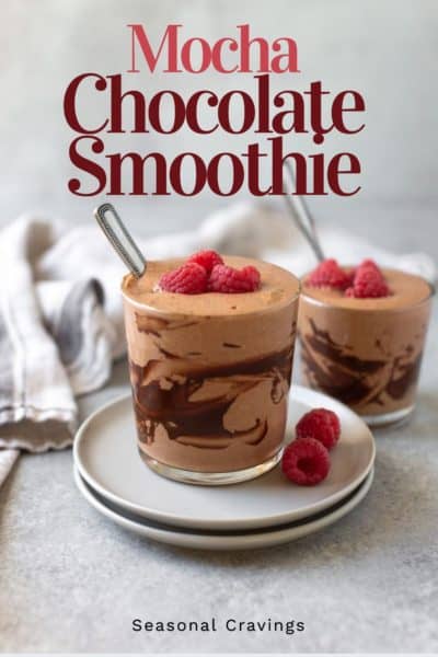 Mocha chocolate smoothie served with raspberries on a plate.