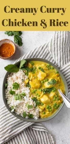 creamy curry chicken and rice in a bowl with garnish