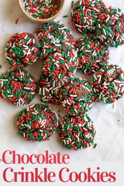 Gluten-free chocolate sprinkle cookies with red and green sprinkles.