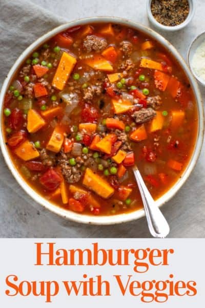 Hamburger soup with vegetables in a bowl with spoon