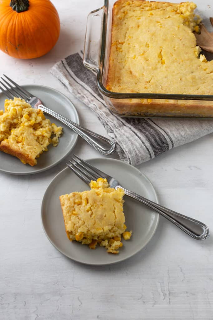 corn casserole gluten free with two pieces on plates