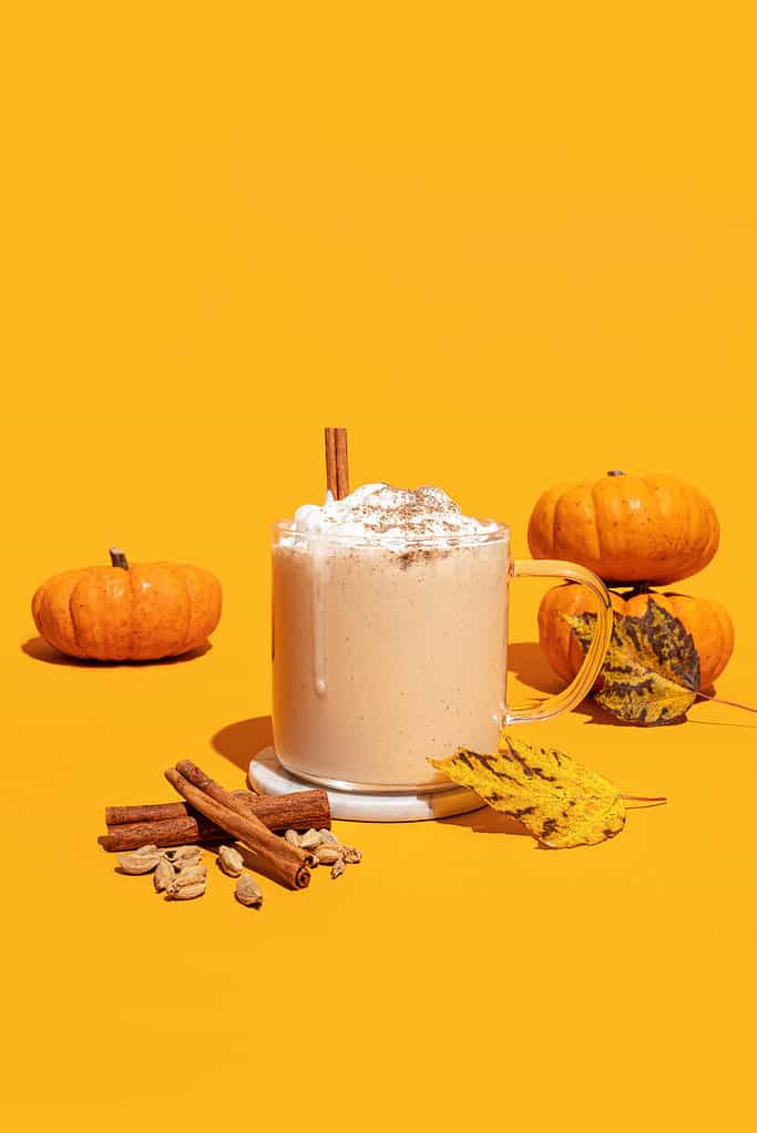 pumpkin latte in a mug with cinnamon sticks
