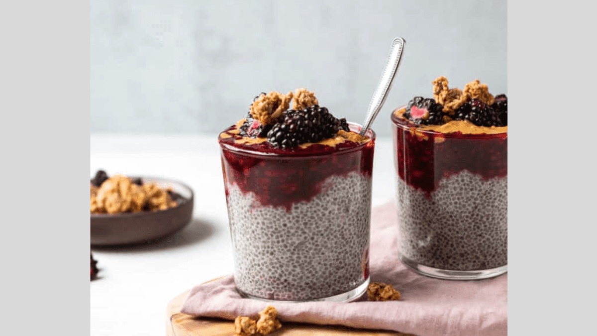 blackberry chia pudding topped with peanut butter