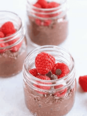 chocolate chia pudding topped with raspberries