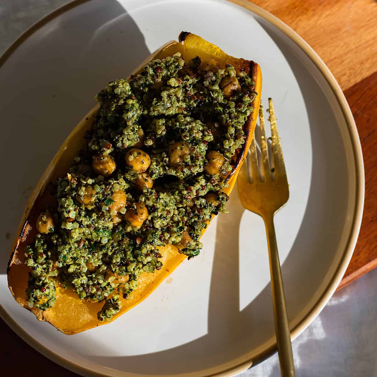 Pesto Quinoa and Chickpea Stuffed Spaghetti Squash