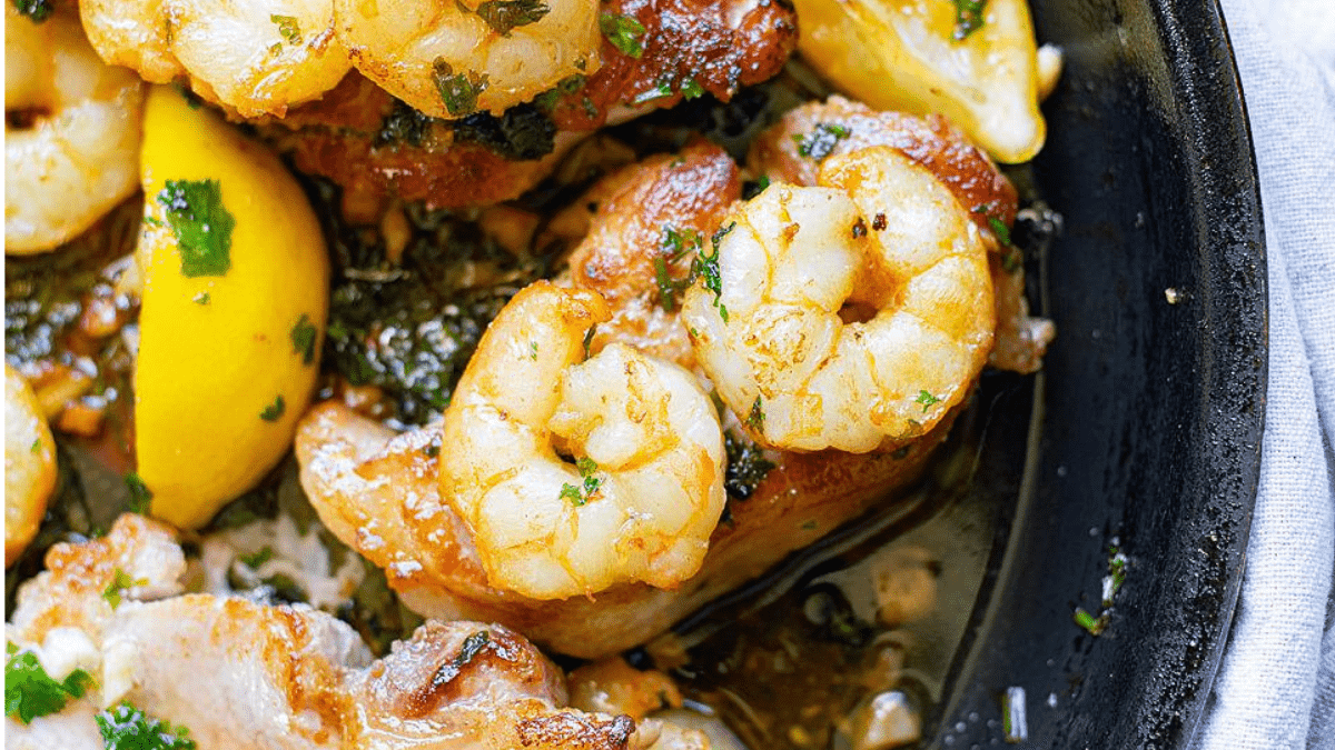Butter Herbed Shrimp and Juicy Pan Seared Pork Chops