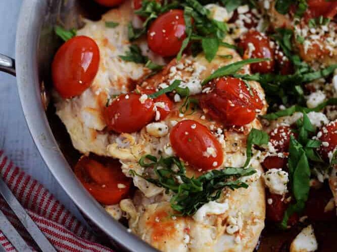 Easy Balsamic Chicken with tomatoes and basil.