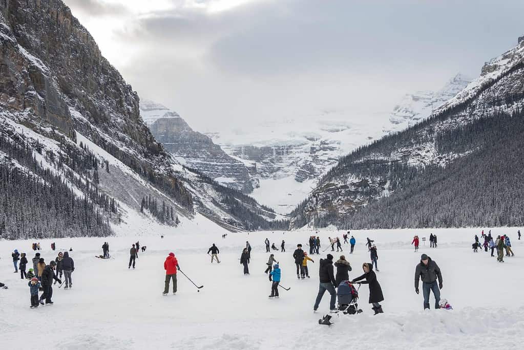People playing ice hockey, Lake Louise, Banff National Park, Alberta, Canada