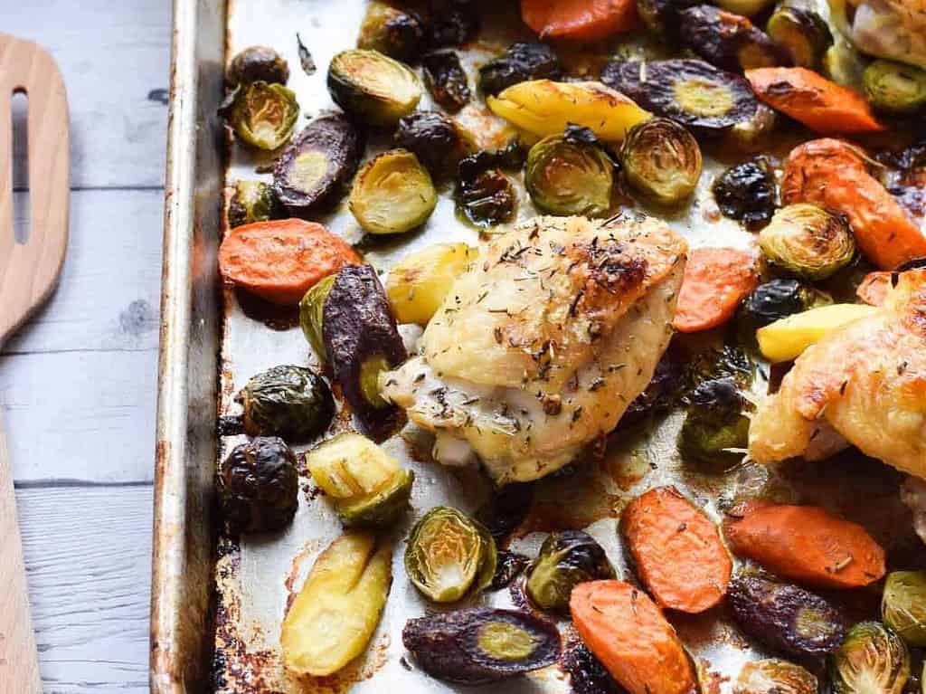 sheet pan chicken brussels sprouts and carrots