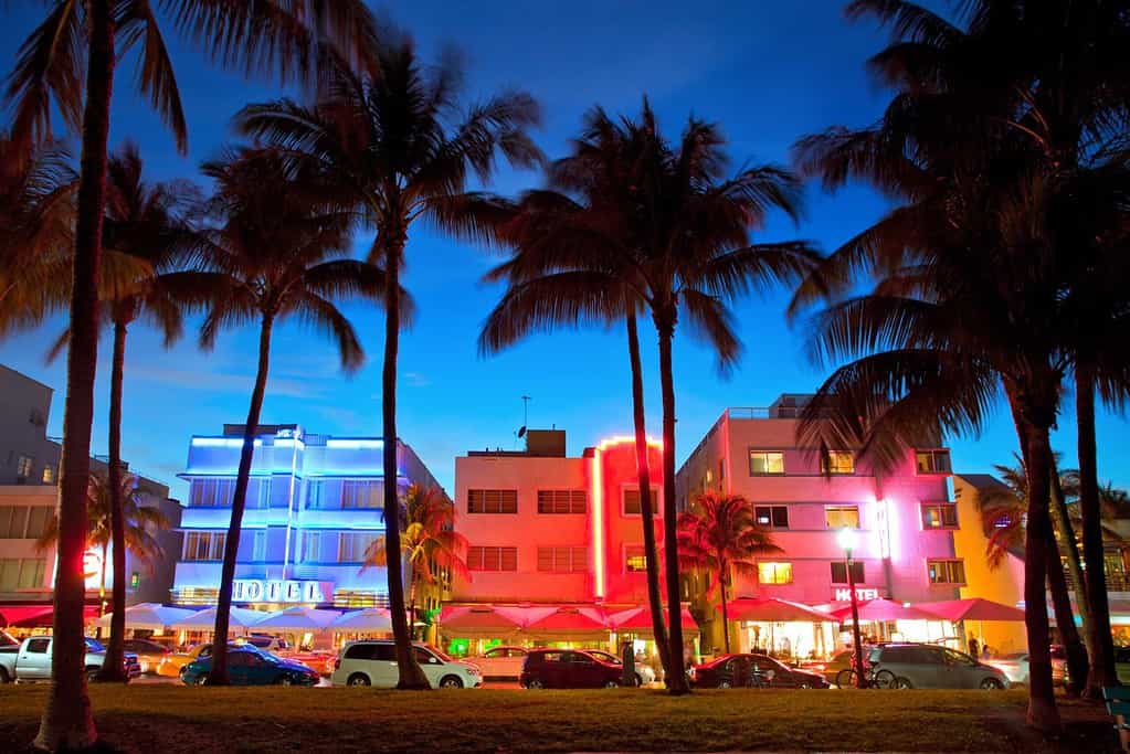 Miami Beach, Florida hotels and restaurants at sunset on Ocean Drive, world famous destination for it's nightlife, beautiful weather and pristine beaches