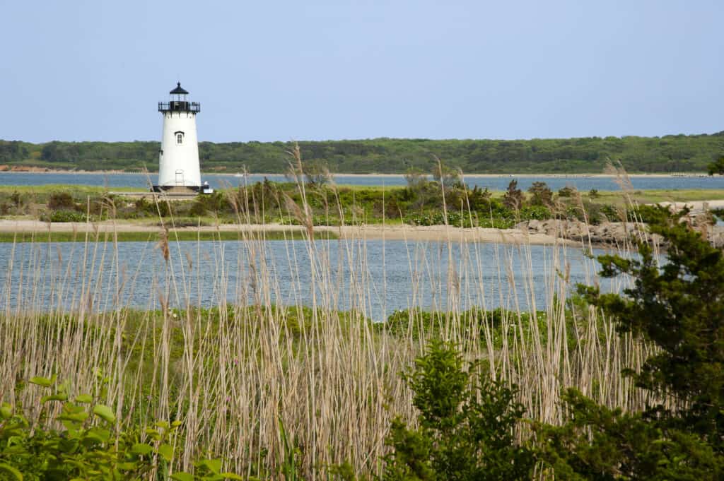 Harbor lighthouse in Edgartown on the island of Marthas Vineyard in Masachusetts on a warm summer day in New England.