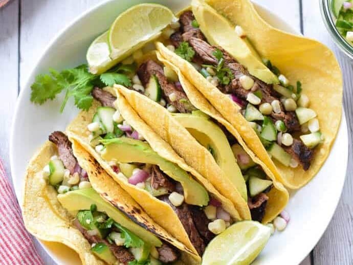 Steak Tacos With Cucumber and Corn Salsa