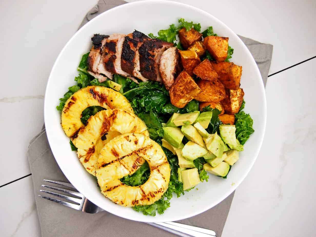 Grilled Pineapple Jerk Pork Bowls with Kale and Avocado