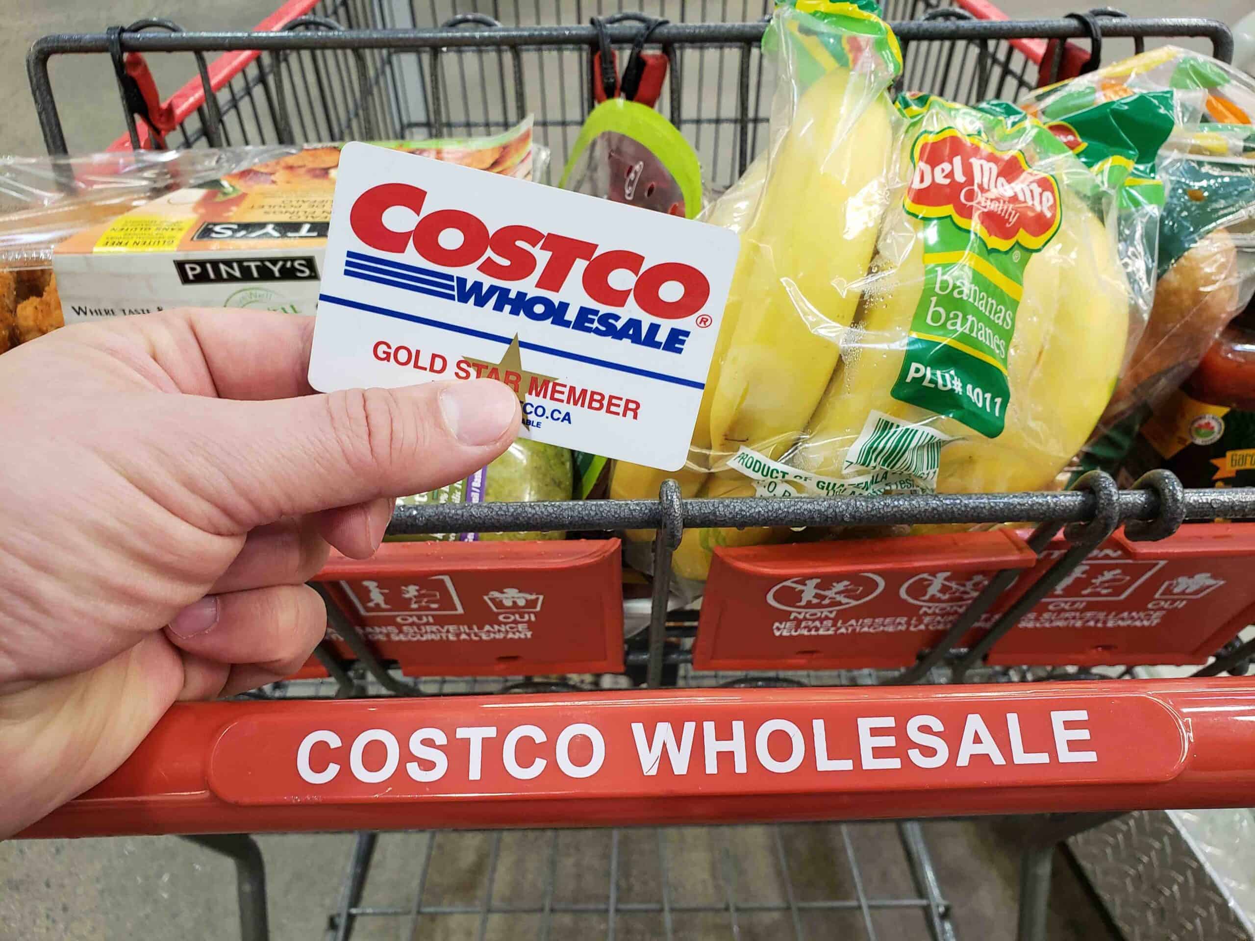  A hand holding a Costco Membership card on a cart in Costco warehouse. 