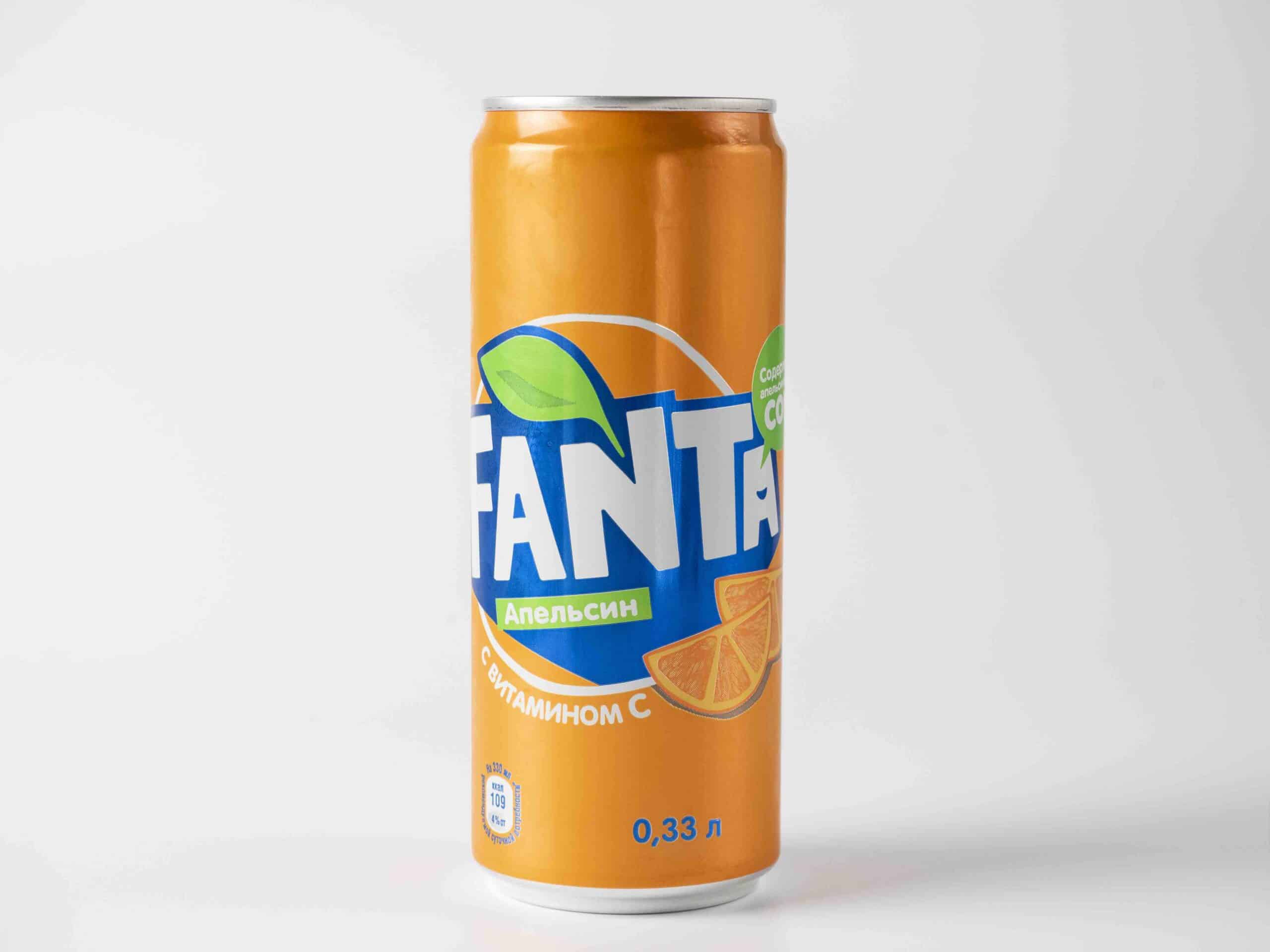 Aluminum can with sweet carbonated drink Fanta isolated on a white background, made for Russia. Popular beverage brand