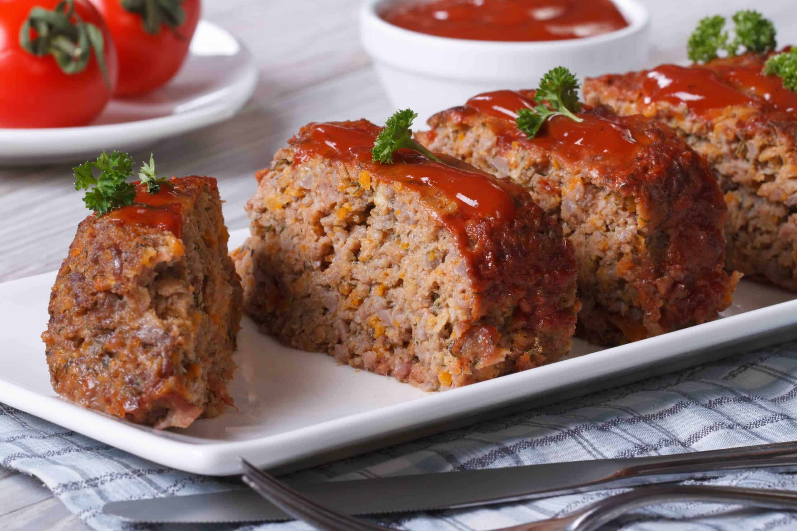 Sliced meat loaf with ketchup and parsley close-up on a plate, horizontal