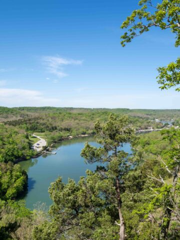 Overhead lookout viewpoint of Lake of the Ozarks Missouri on a sunny spring day