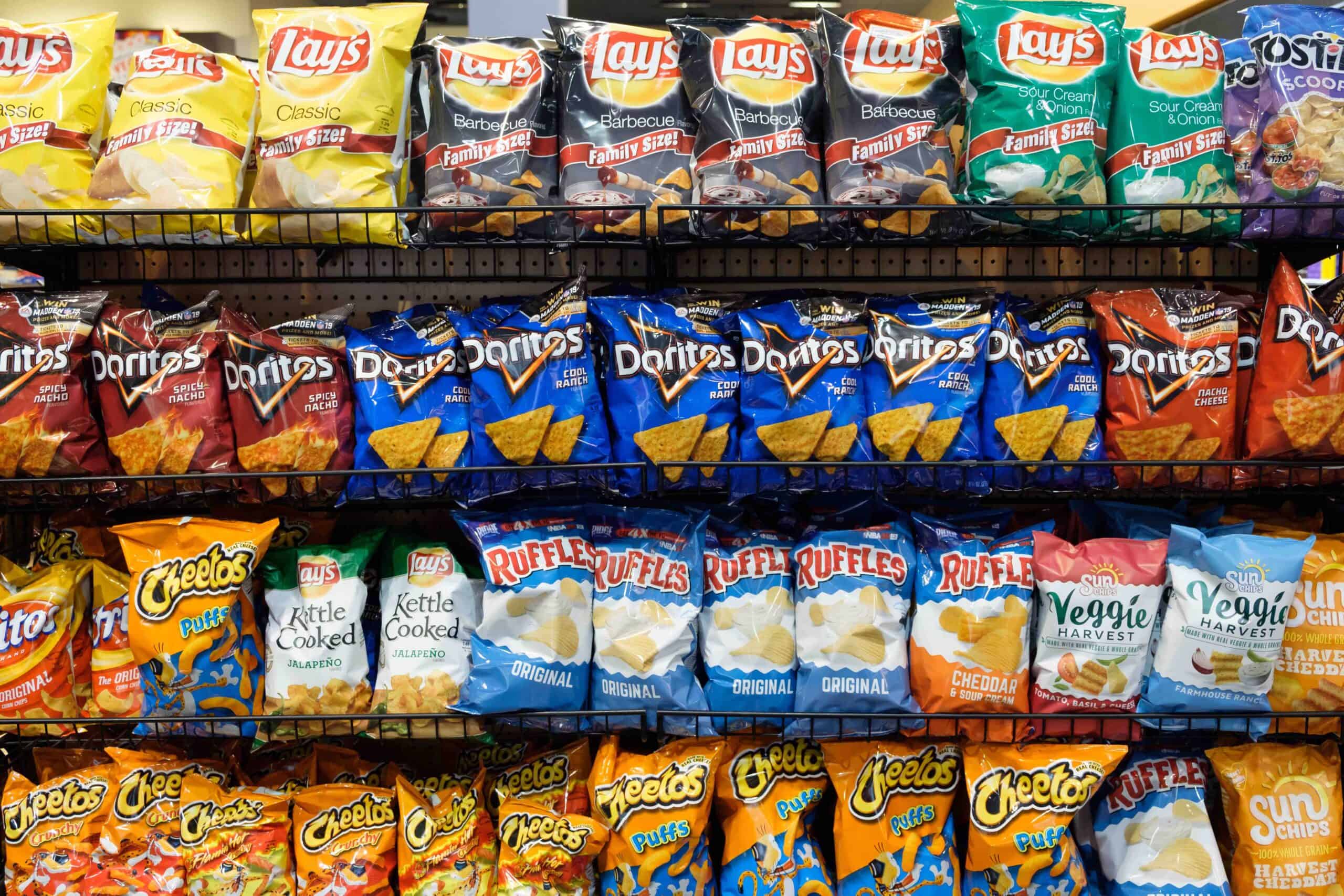 Wide selection of potato chip or junk food on shelf display in a convenient store at Las Vegas, Nevada, United States