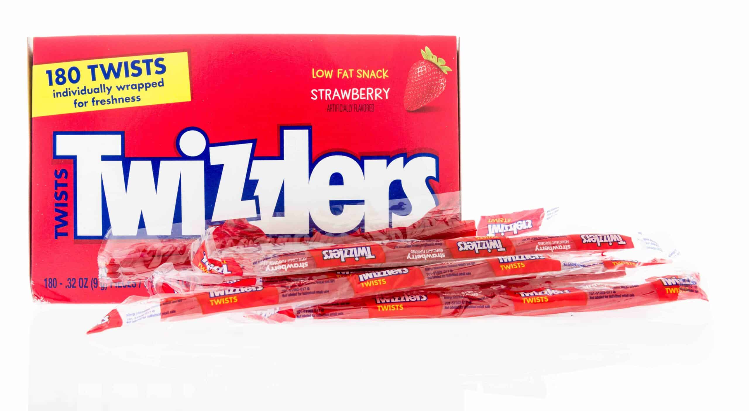 A package of Twizzlers licorice in strawberry flavor on an isolated background