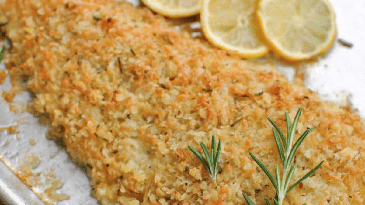 Cod baked with parmesan crust.