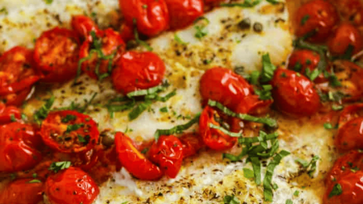 Baked cod with capers and tomatoes.