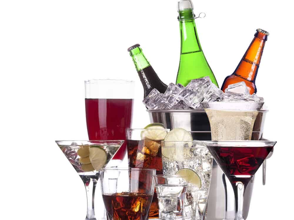 different images of alcohol set isolated - beer,martini,cola,champagne,wine,whiskey,juice
