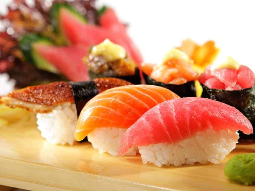 Japanese Cuisine - Sushi Set: Salmon, Conger and Tuna Sushi with Salad Leaf
