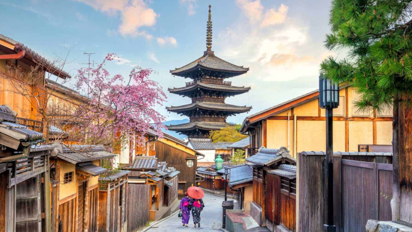 Old town Kyoto during sakura season in Japan.
