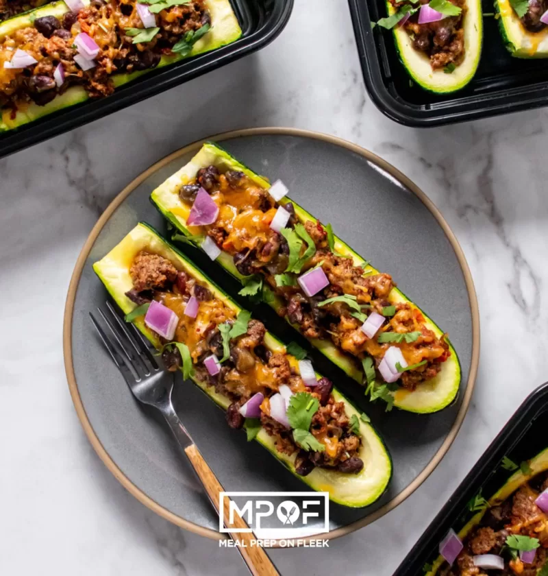 Mexican Zucchini Boats on a round plate.
