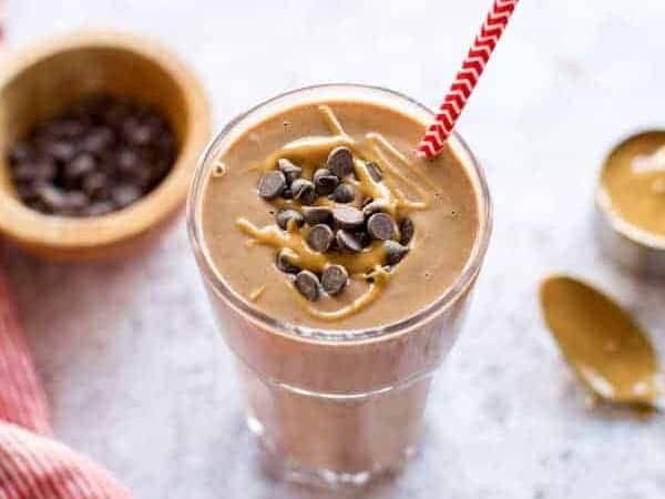 chocolate avocado smoothie with chocolate chips on top
