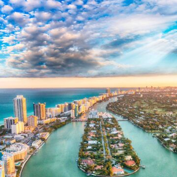 Aerial view of Miami Beach at sunset.