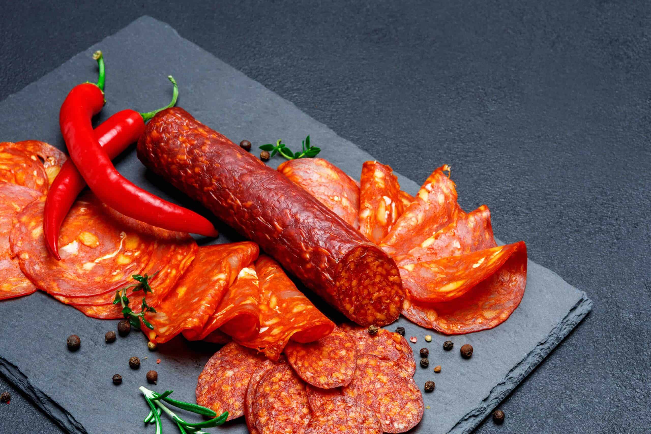 Dried organic salami sausage on wooden cutting board. Dark concrete background