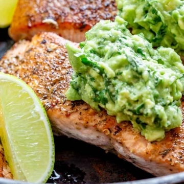 50 Easy Gluten Free Dinners: Salmon with guacamole cooked in a skillet.