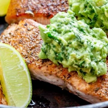 50 Easy Gluten Free Dinners: Salmon with guacamole cooked in a skillet.